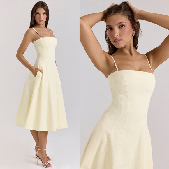 House of CB‎ DOLLY Lemon Stretch Cotton A-Line Midi Sundress light yellow NWOT M - Picture 8 of 10